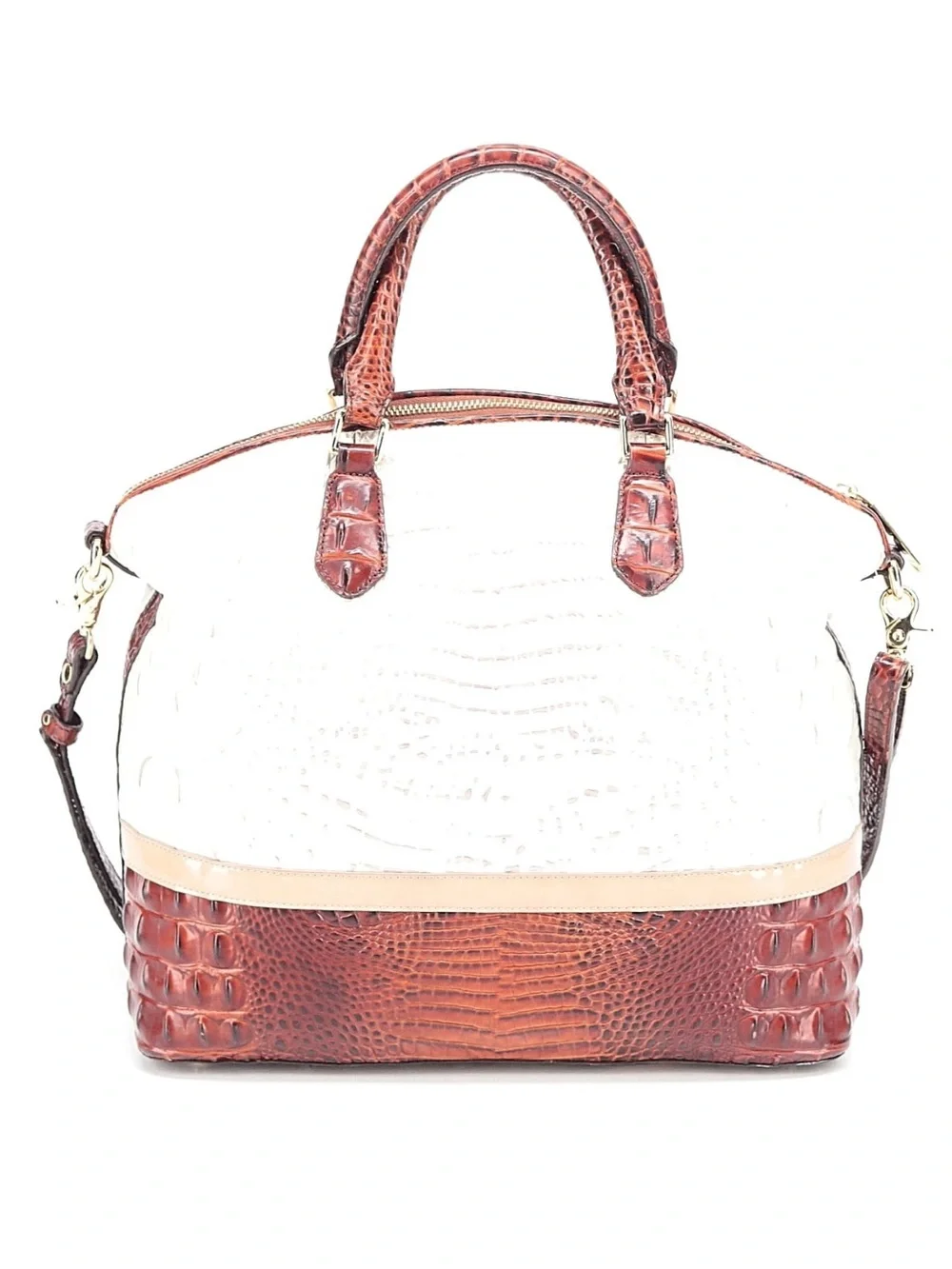 Brahmin Two-Tone Croc-Embossed Tote Bag in White and Brown